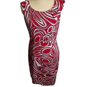 David Meister Geometric Pattern Red & White Midi Dress Size 10P